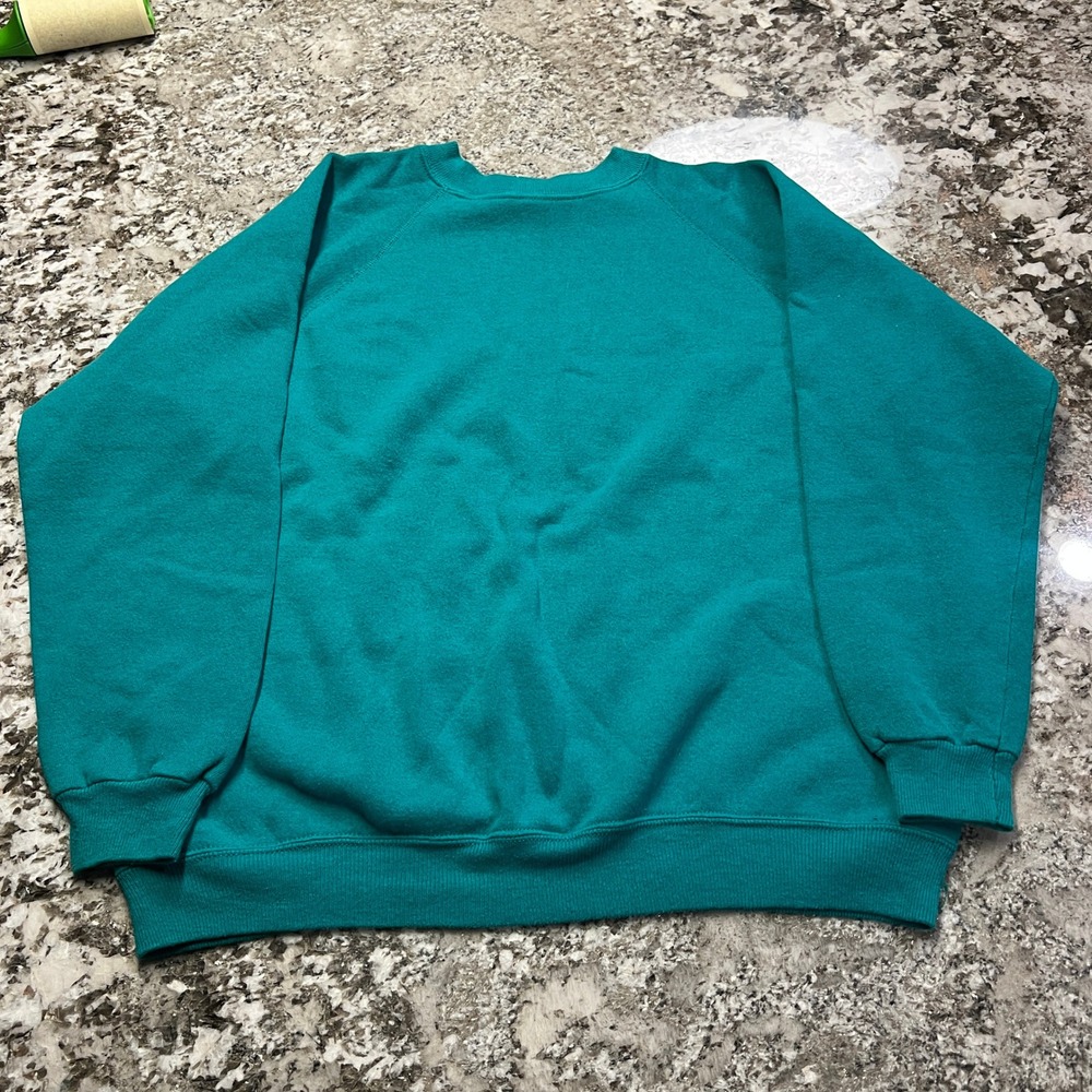 Vintage 1990s Hanes Blank Sweatshirt Teal Green Crewneck Raglan XL USA Made